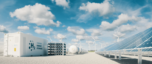 modern hydrogen energy storage system accompaind by large solar power plant wind turbine park sunny summer afteroon light with blue sky scattered clouds 3d rendering 533392 475