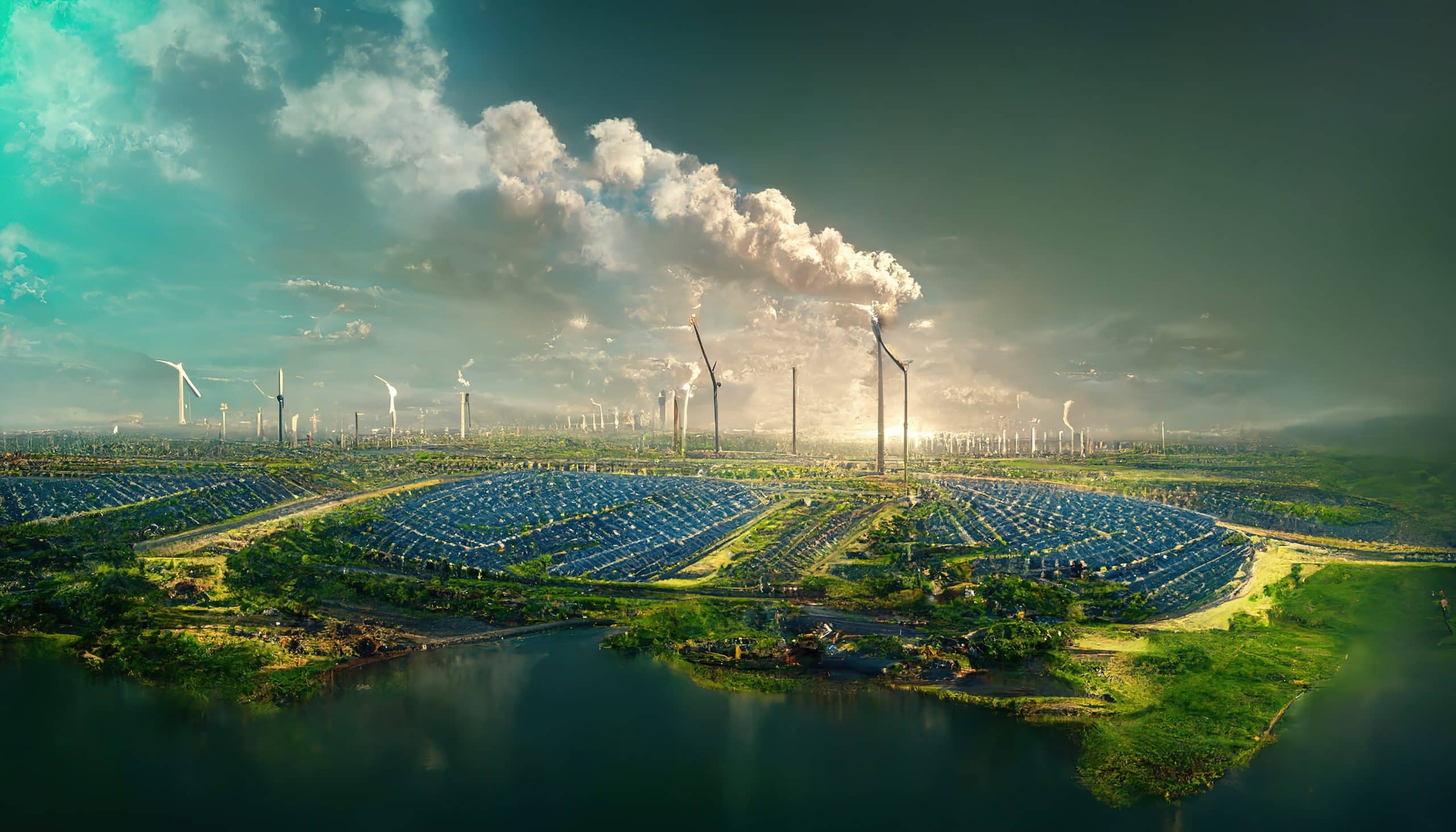 field with solar batteries wind farms renewable sources electrictrity green energy sea shore cloudy sky ecology sustainable clean environment technology concept 3d artwork background