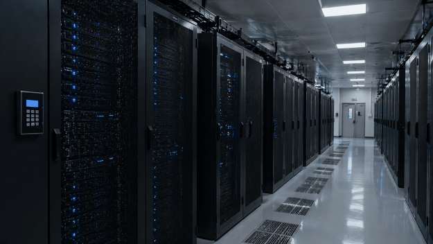 Modern server corridor with blue LEDs