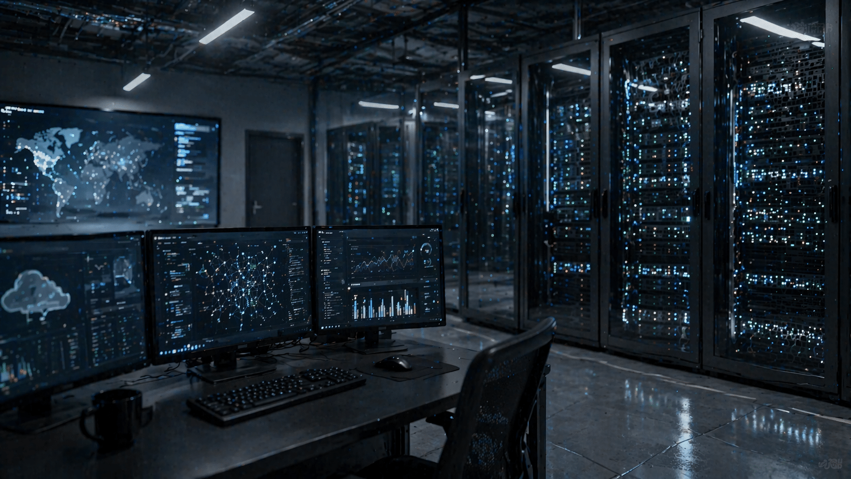 High tech server room with workstations
